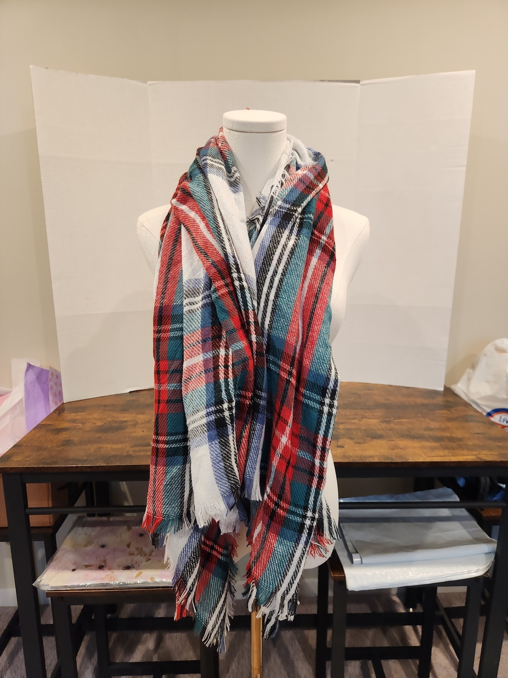 Plaid Fringe Scarf Red, Blue & White - Picture 3 of 4